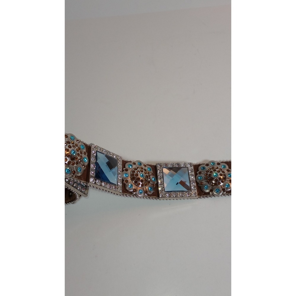 WB Atlas Brown Leather Blue Crystal Jeweled Western Belt Silver Buckle XL 48 - Picture 14 of 16
